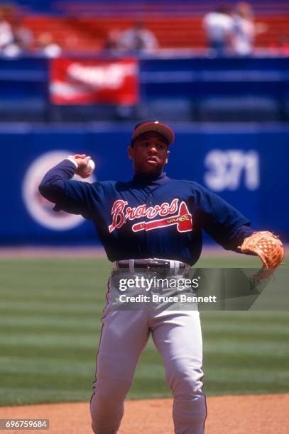 Terry Pendleton of the Atlanta Braves takes infield practice before an MLB game against the New York Mets on May 30, 1992 at Shea Stadium in...