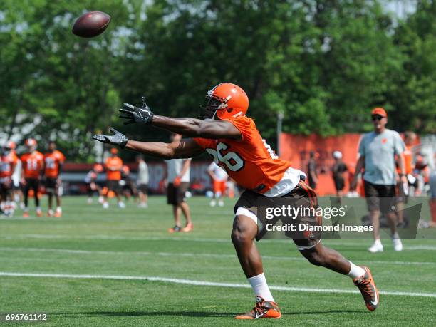 Tight end Randall Telfer of the Cleveland Browns attempts to catch a pass during a veteran mini camp practice on June 14, 2017 at the Cleveland...