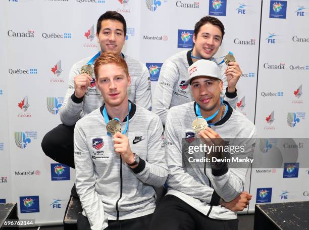 Members of Team USA pose with their gold medals won during the Team Men's Foil event on June 16, 2017 at the Pan-American Fencing Championships at...