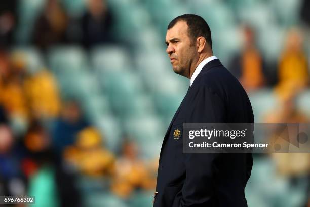 Wallabies coach Michael Cheika watches his team warm up prior to the International Test match between the Australian Wallabies and Scotland at...