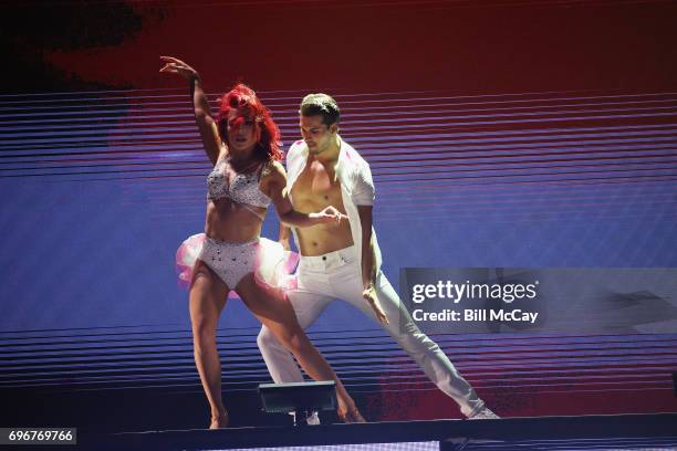 Sharna Burgess and Gleb Savchenko perform at the Dancing With The Stars Hot Summer Nights Tour at Caesars Atlantic City on June 17, 2017 in Atlantic...