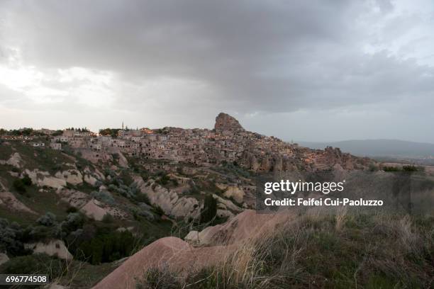 underground living caves and fairy chimneys rock at uçhisar, nevşehir province, central anatolia region, turkey - nevşehir province 個照片及圖片檔