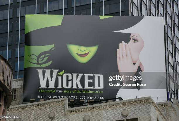 Billboard promoting the Broadway play "Wicked" is viewed in Times Square on June 10, 2017 in New York, New York. With a full schedule of conventions...