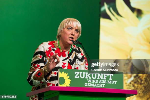 Vice President of the Bundestag and member of the German Green Party Claudia Roth speaks during the federal congress at the Velodrom in Berlin,...