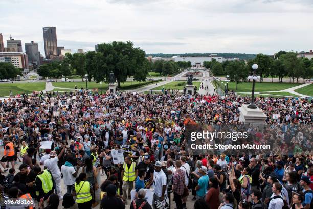 Protestors pack the steps of the Minnesota State Capitol building on June 16, 2017 in St Paul, Minnesota. Protests erupted in Minnesota after Officer...