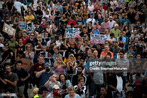 Protestors pack the steps of the Minnesota State Capitol building on June 16, 2017 in St Paul, Minnesota. Protests erupted in Minnesota after Officer...