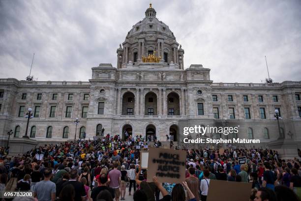 Protestors pack the steps of the Minnesota State Capitol building on June 16, 2017 in St Paul, Minnesota. Protests erupted in Minnesota after Officer...