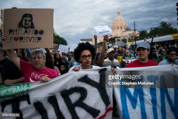 Protestors take to the streets on June 16, 2017 in St Paul, Minnesota. Protests erupted in Minnesota after Officer Jeronimo Yanez was acquitted on...