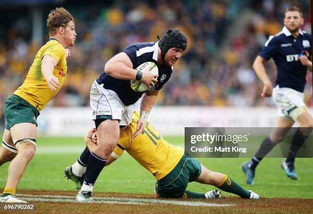Zander Fagerson of Scotland is tackled during the International Test match between the Australian Wallabies and Scotland at Allianz Stadium on June...
