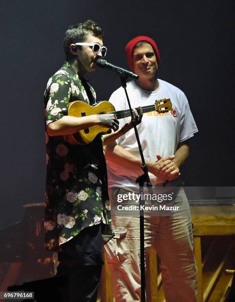 Tyler Joseph of Twenty One Pilots performs onstage with his father in celebration of Father's Day during the 2017 Firefly Music Festival on June 16,...