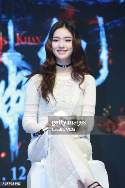 Actress Lin Yun attends the press conference of film "Genghis Khan" on June 17, 2017 in Shanghai, China.