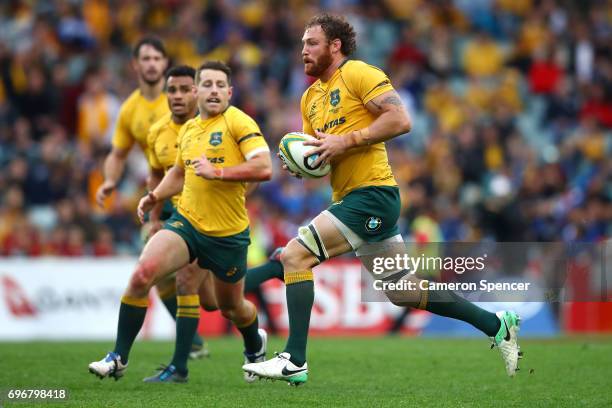 Scott Higginbotham of the Wallabies makes a break during the International Test match between the Australian Wallabies and Scotland at Allianz...