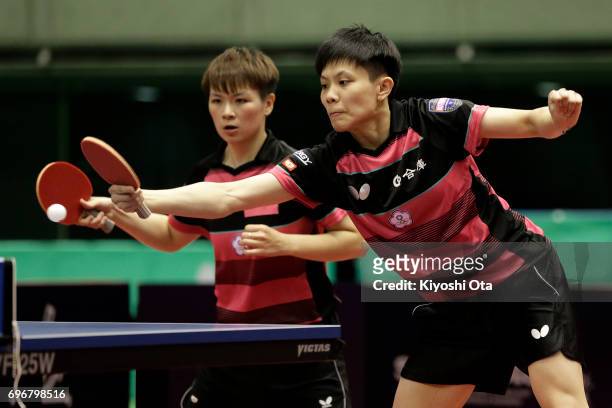 Cheng I-Ching and Chen Szu-Yu of Taiwan compete in the Women's Doubles semi final match against Jeon Jihee and Yang Haeun of South Korea during day...