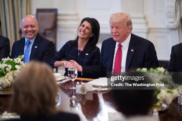 President Donald Trump, sitting next to U.S. Ambassador to the UN Nikki Haley, speaks during a working lunch with ambassadors of countries on the...