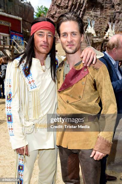 Jan Sosniok and Alexander Klaws attend the Karl May play 'Old Surehand' press rehearsal on June 16, 2017 in Bad Segeberg, Germany.