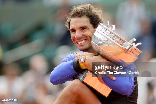 French Open Tennis Tournament - Day Fifteen. Rafael Nadal of Spain with the trophy after his win against Stan Wawrinka of Switzerland in the Men's...