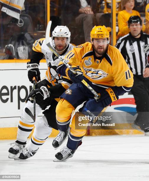 Parenteau of the Nashville Predators skates against Matt Cullen of the Pittsburgh Penguins during Game Four of the 2017 NHL Stanley Cup Final at...