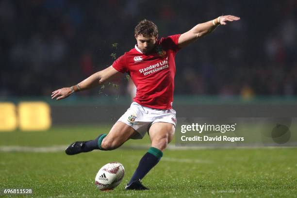 Leigh Halfpenny of the Lions converts the try scored by Maro Itoje of the Lions during the 2017 British & Irish Lions tour match between the Maori...