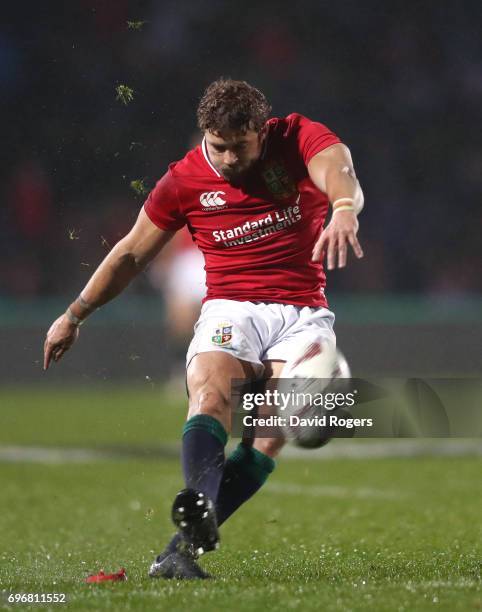 Leigh Halfpenny of the Lions converts the try scored by Maro Itoje of the Lions during the 2017 British & Irish Lions tour match between the Maori...