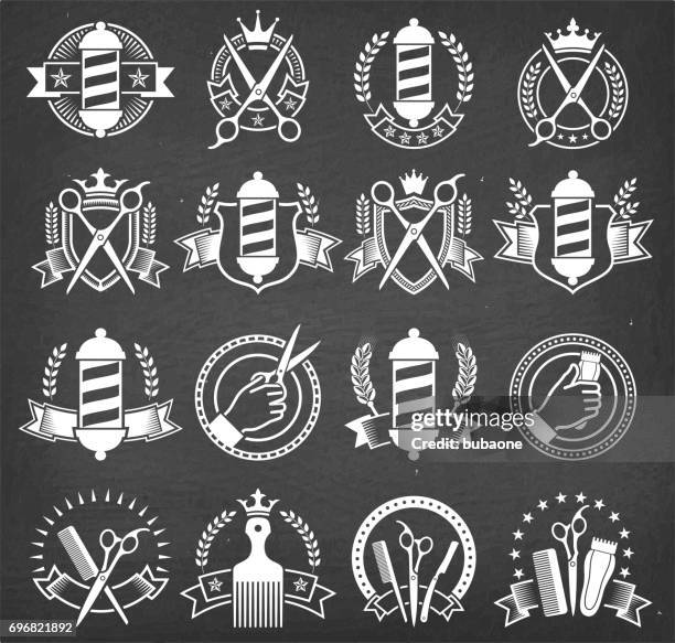 barber shop black and white badges on chalk board - barber shop stock illustrations