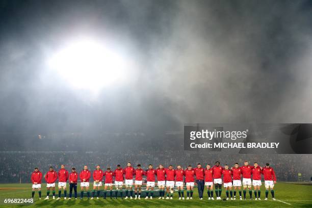 The British and Irish Lions line up prior to the international match between New Zealand's Maori All Blacks and the British and Irish Lions at...