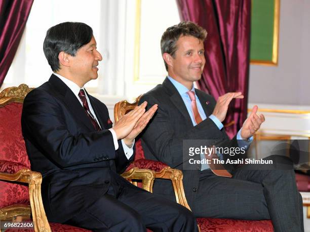Crown Prince Naruhito and Crown Prince Frederik of Denmark attend the the Japan exhibition in The Royal Family at the Amalienborg Museum on June 16,...