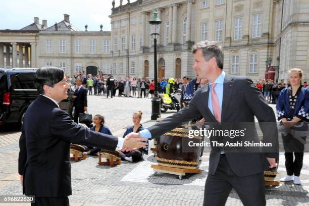 Crown Prince Naruhito and Crown Prince Frederik of Denmark attend the the Japan exhibition in The Royal Family at the Amalienborg Museum on June 16,...