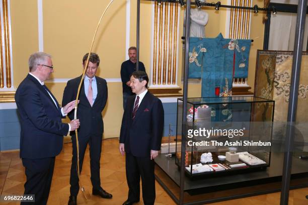 Crown Prince Naruhito and Crown Prince Frederik of Denmark attend the the Japan exhibition in The Royal Family at the Amalienborg Museum on June 16,...