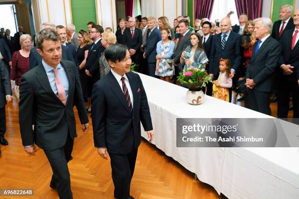 Crown Prince Naruhito and Crown Prince Frederik of Denmark attend the the Japan exhibition in The Royal Family at the Amalienborg Museum on June 16,...