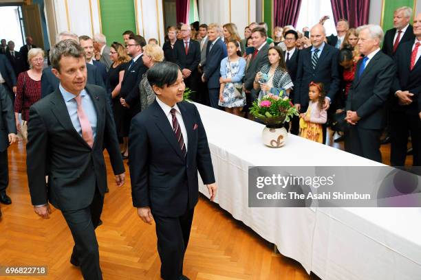 Crown Prince Naruhito and Crown Prince Frederik of Denmark attend the the Japan exhibition in The Royal Family at the Amalienborg Museum on June 16,...