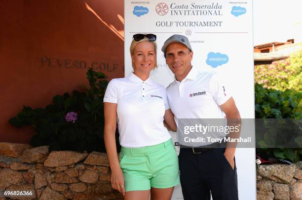 Gianfranco Zola and Denise Van Outen arrive at The Costa Smeralda Invitational golf tournament at Pevero Golf Club - Costa Smeralda on June 17, 2017...