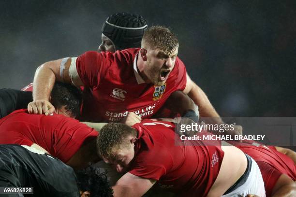 George Kruis of the British and Irish Lions urges his teammates on during the international rugby match between New Zealand's Maori All Blacks and...