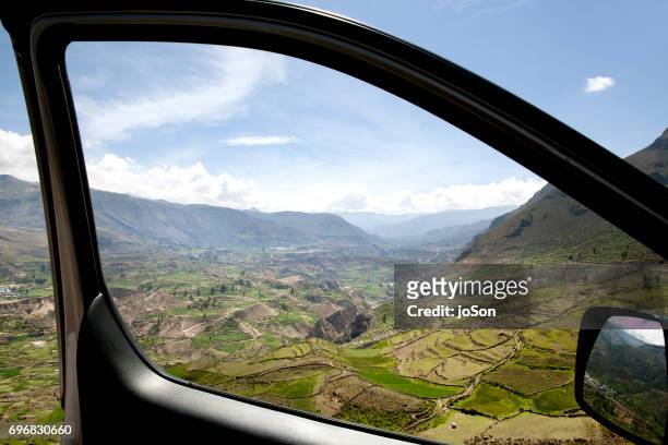 the lush foliage terraced fields in colca valley - bildörr bildbanksfoton och bilder
