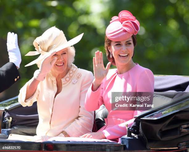 Camilla, Duchess of Cornwall and Catherine, Duchess of Cambridge attend the annual Trooping The Colour parade at the Mall on June 17, 2017 in London,...