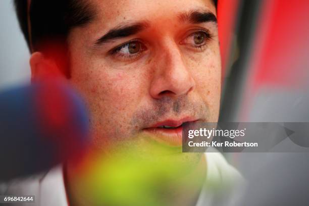 Neel Jani of Porsche Team LMP 919 is interviewed before qualifying for the Le Mans 24 Hours race at the Circuit de la Sarthe on June 15, 2017 in Le...