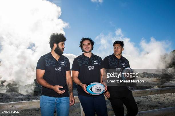 James Lowe, Akira Ioane and Rieko Ioane of the New Zealand Maori All Blacks pose during the Dove Men+Care British & Irish Lions Appearance at...