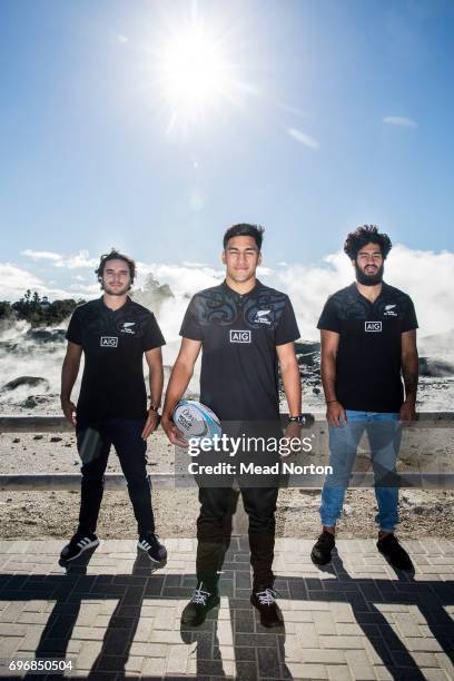 James Lowe, Akira Ioane and Rieko Ioane of the New Zealand Maori All Blacks pose during the Dove Men+Care British & Irish Lions Appearance at...