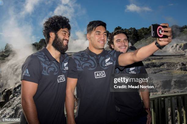 James Lowe, Akira Ioane and Rieko Ioane of the New Zealand Maori All Blacks pose during the Dove Men+Care British & Irish Lions Appearance at...