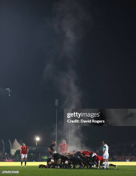 Steam rises from the scrum during the match between the New Zealand Maori and the British & Irish Lions at Rotorua International Stadium on June 17,...