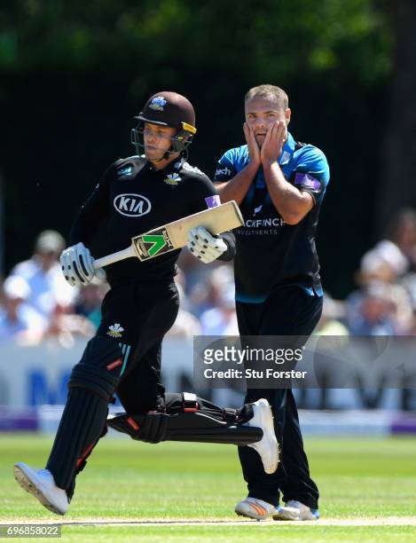 Surrey batsman Jason Roy picks up some runs as Worcestershire bowler Joe Leach reacts during the Royal London One-Day Cup Semi Final between...