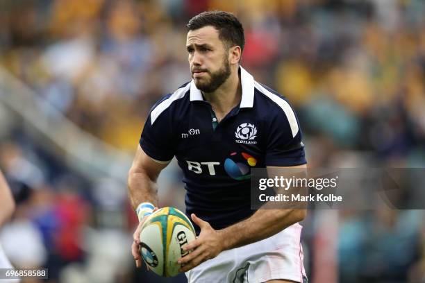 Alex Dunbar of Scotland runs the ball during the International Test match between the Australian Wallabies and Scotland at Allianz Stadium on June...