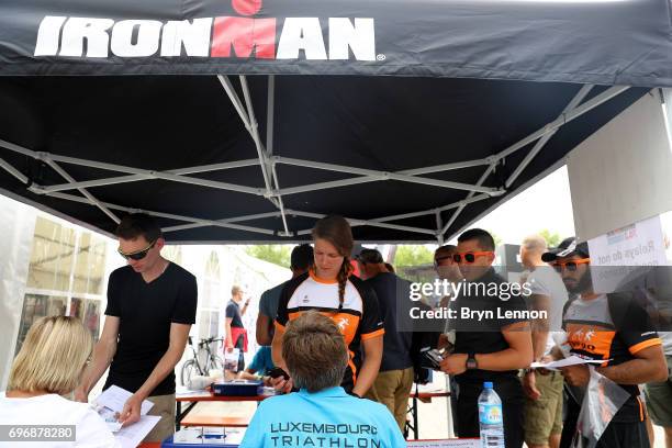 Athletes register for the Ironman 70.3 Luxembourg-Region Moselle race on June 17, 2017 in Remich, Luxembourg.