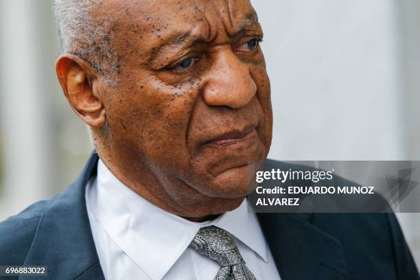 Bill Cosby arrives on the sixth day of jury deliberations of his sexual assault trial at the Montgomery County Courthouse on June 17, 2017 in...
