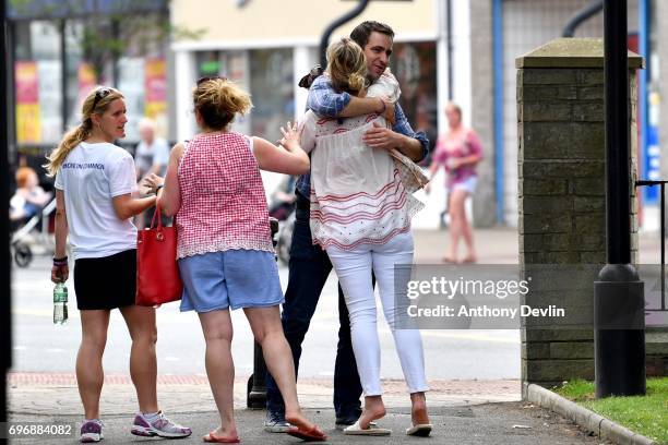 Brendan Cox , husband of murdered MP Jo Cox and Kim Leadbeater sister of Jo Cox and founder of the MoreInCommon movement, recieve hugs as they leave...