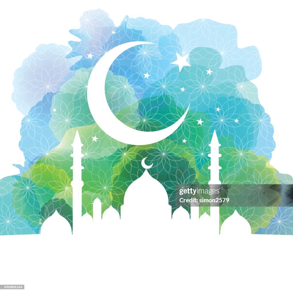 三日月と星の背景にモスクのシルエット