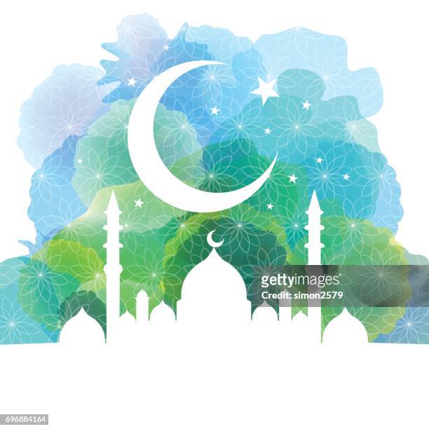 mosque silhouette with crescent moon and star background - mosque pattern stock illustrations