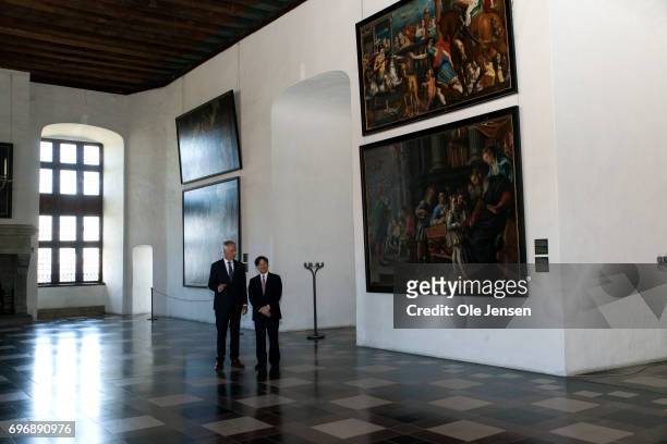 Crown Prince Naruhito of Japan is on a guided tour in the Grand Hall by castle director Erik Als during the Crown Prince' visit to the famous...