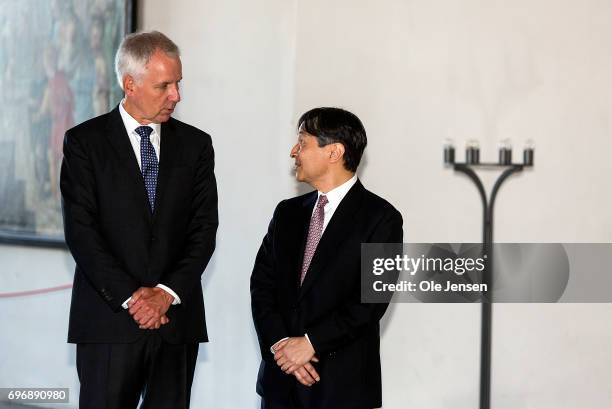 Crown Prince Naruhito of Japan is on a guided tour in the Grand Hall by castle director Erik Als during the Crown Prince' visit to the famous...