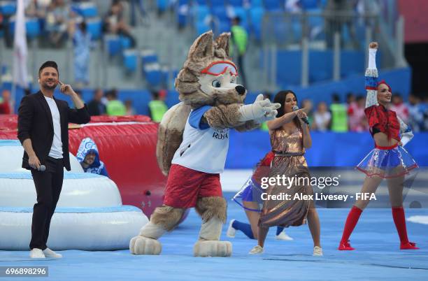 Zabivaka, the Official Mascot for the 2018 FIFA World Cup Russia and performs perform during the opening ceremony prior to the FIFA Confederations...