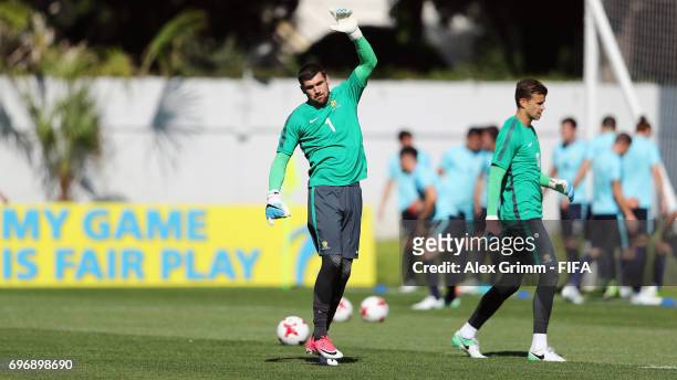 Goalkeepers Maty Ryan and Mitch Langerak warm up during an Australia training session ahead of the FIFA Confederations Cup Russia 2017 on June 17,...